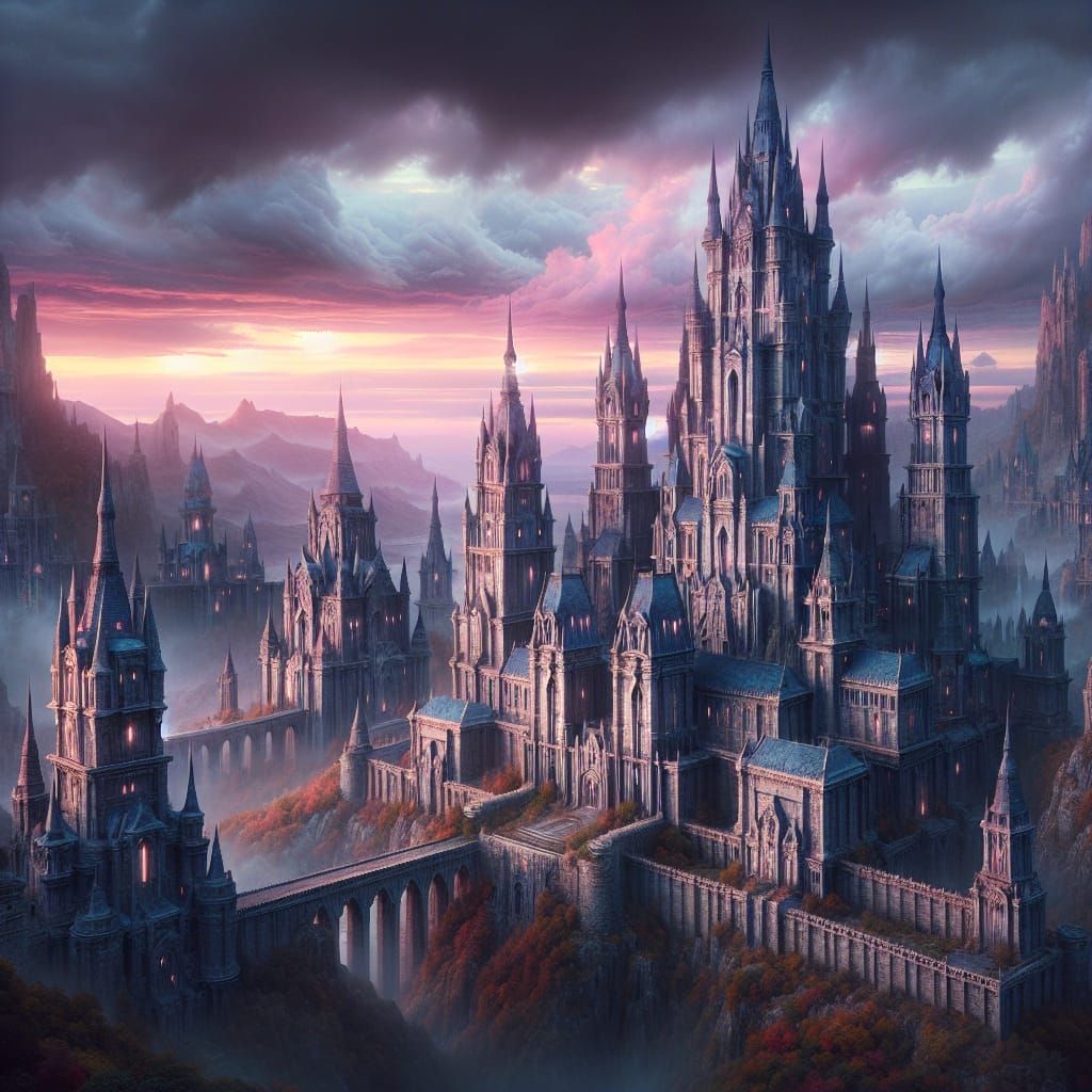 A Grand Fantasy Castle Under Sunset's Warm Glow