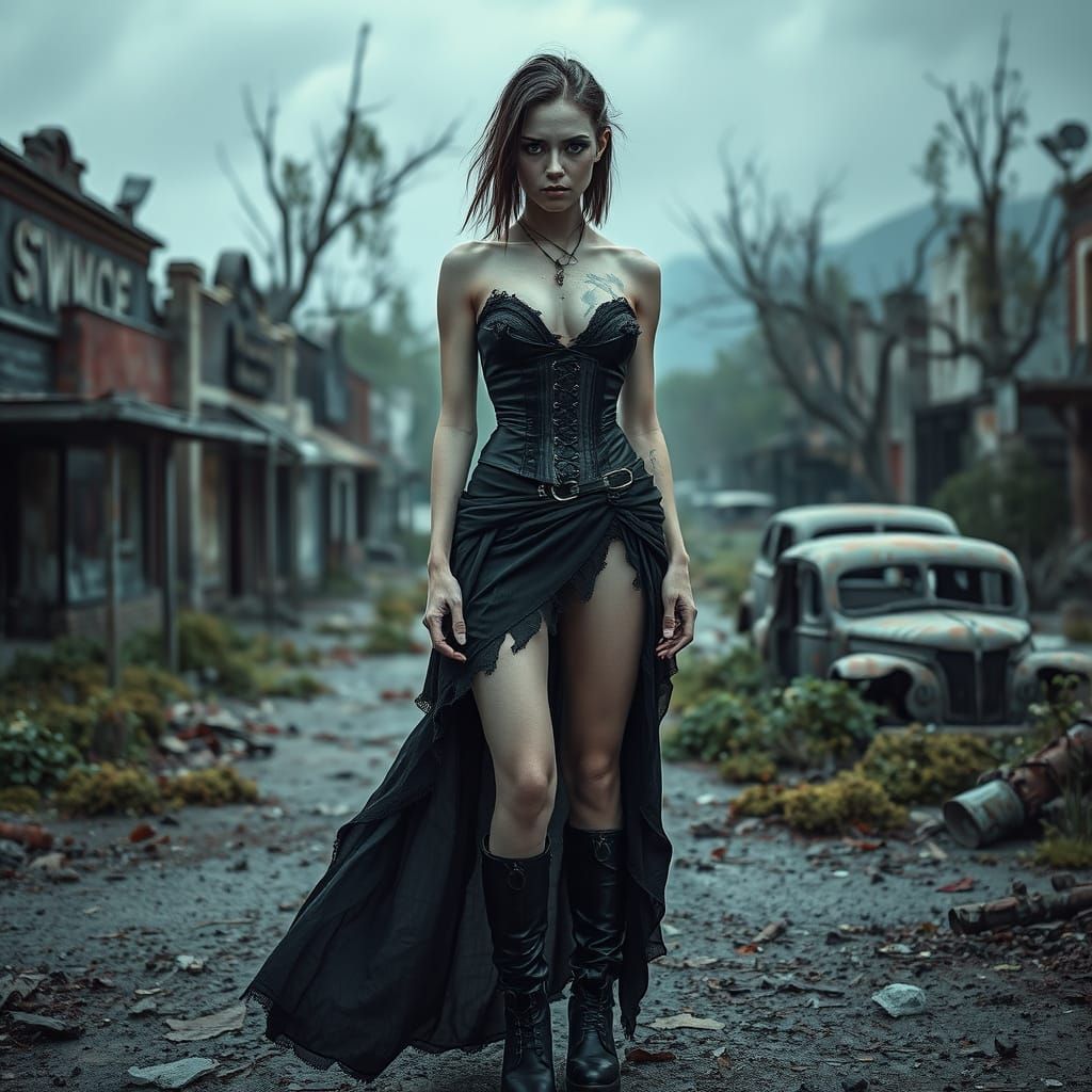 Undead Beauty Amidst Ruin in Haunting Cyberpunk Style