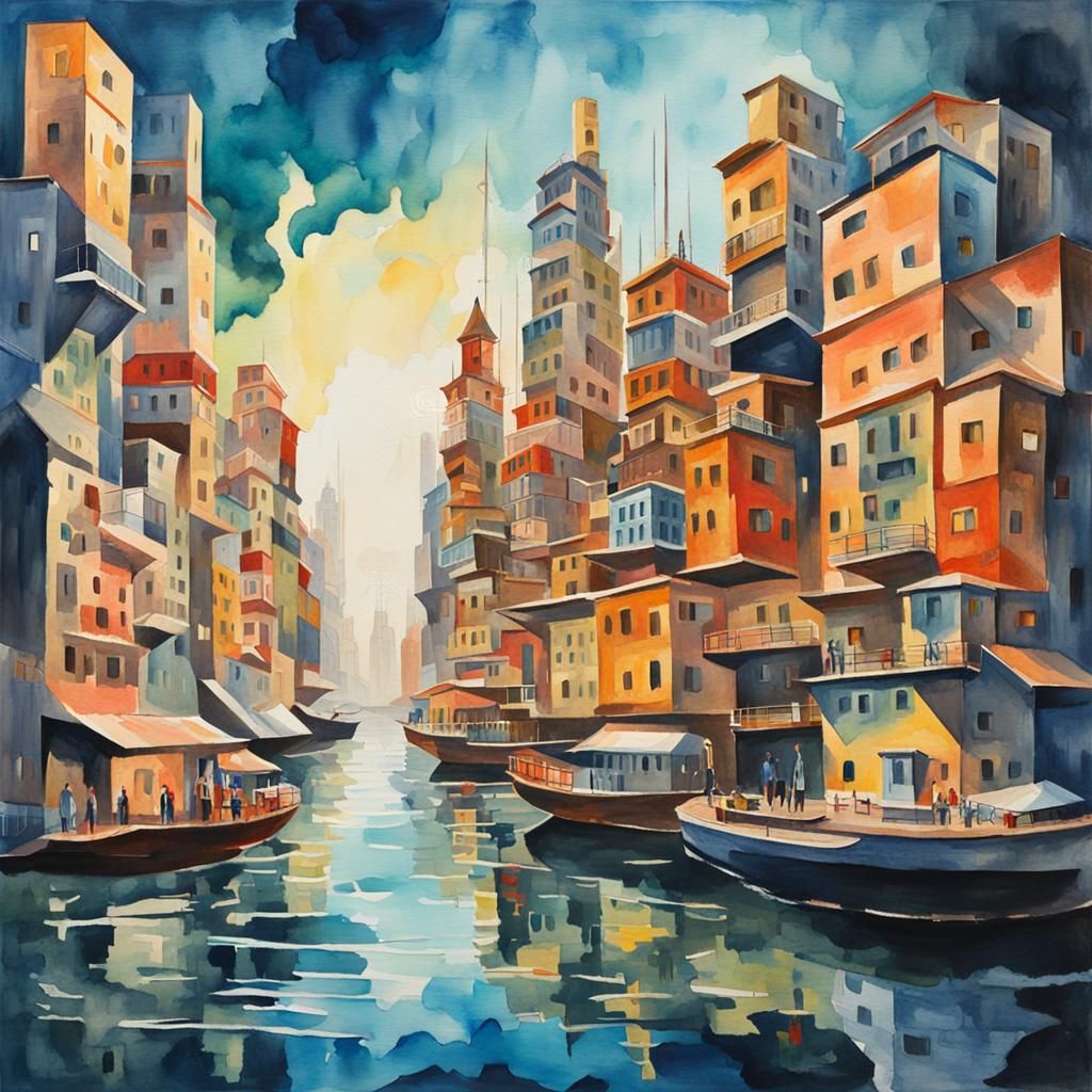 Futuristic Floating City in Gouache Watercolor Style