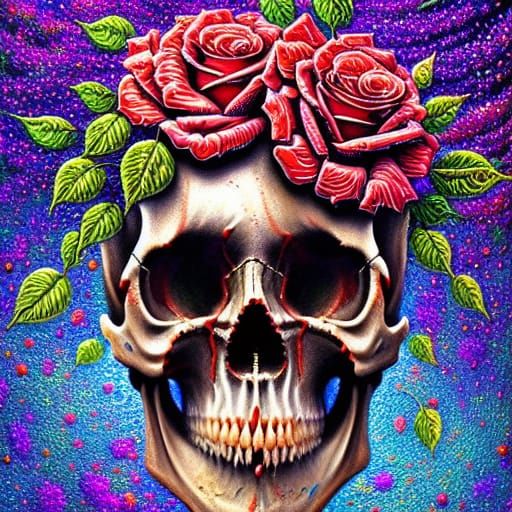 Skull with Rose Crown: Detailed Luminous Painting