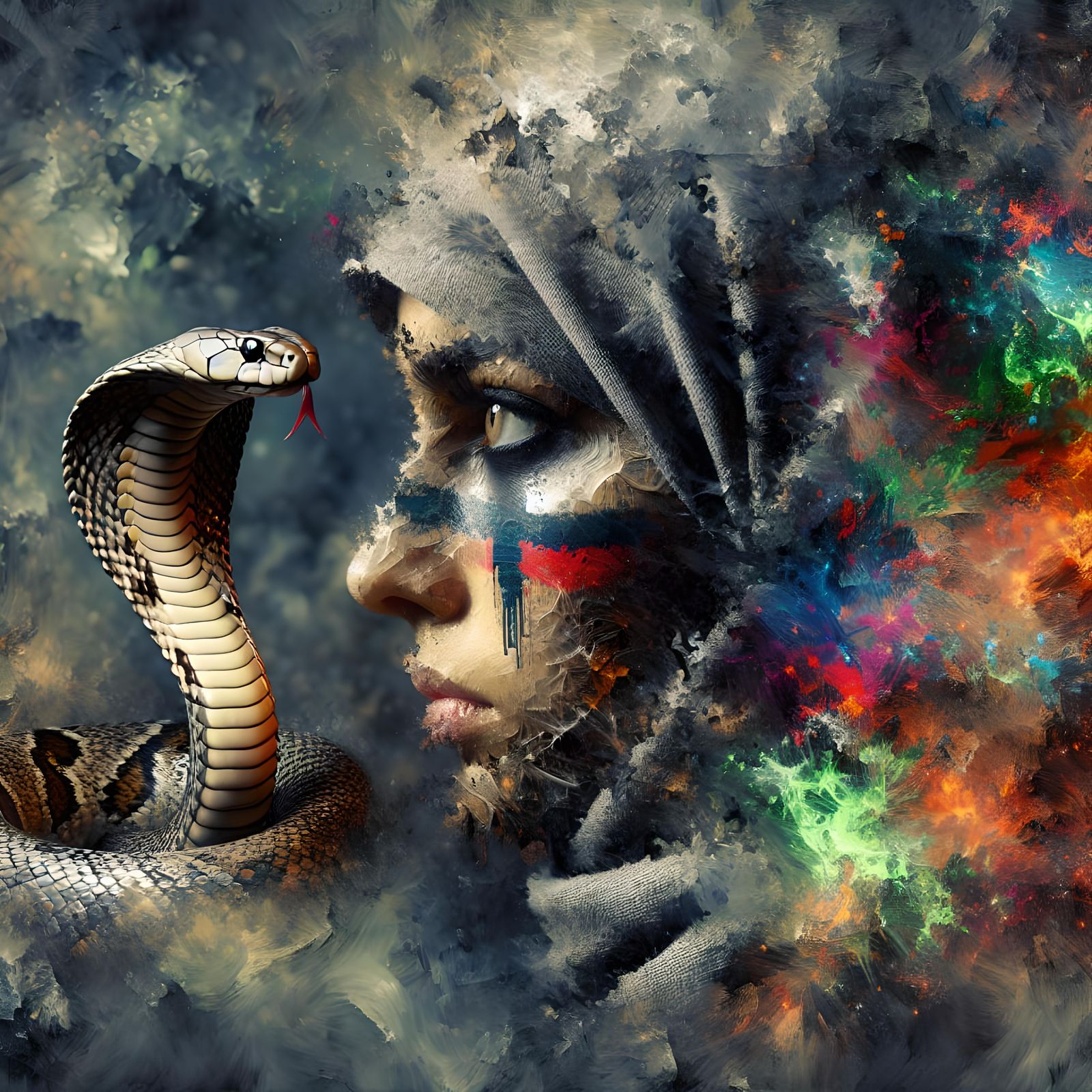Woman and Cobra Double Exposure in 3D