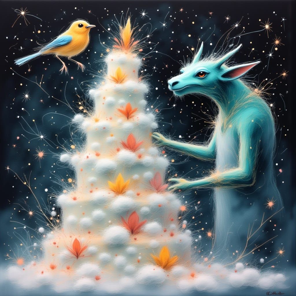 Orc Chef Decorates Cloud Cake in Whimsical Watercolor Style