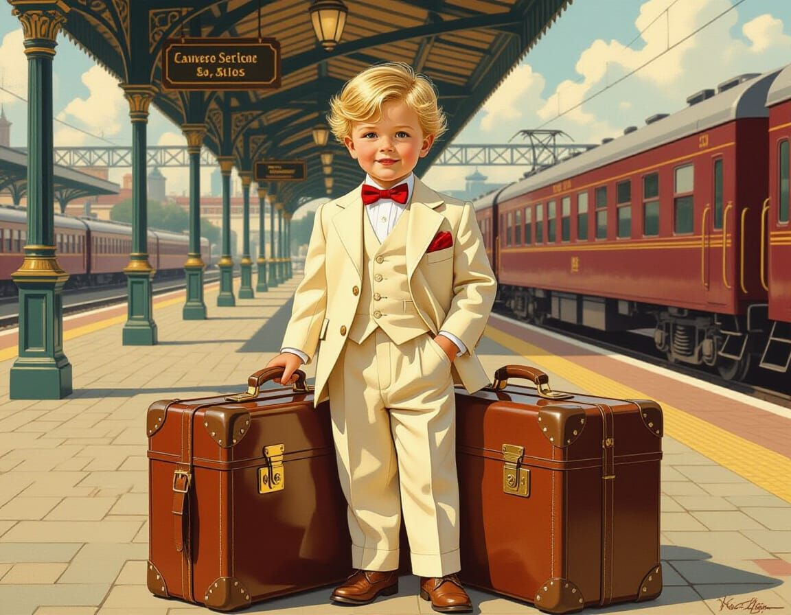 Boy at Train Station in Vintage Illustration Style
