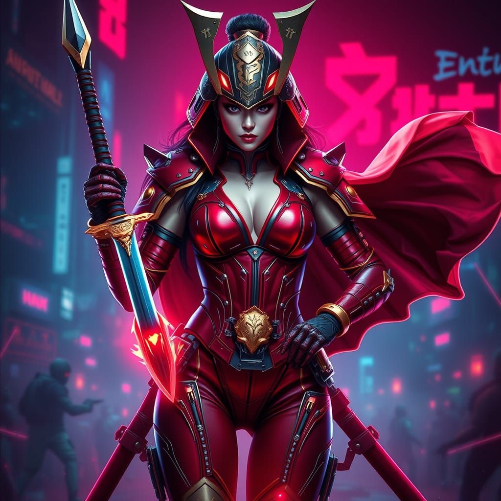 Regal Cyber Samurai Queen with Glowing Katana in Neon-Lit Ba...