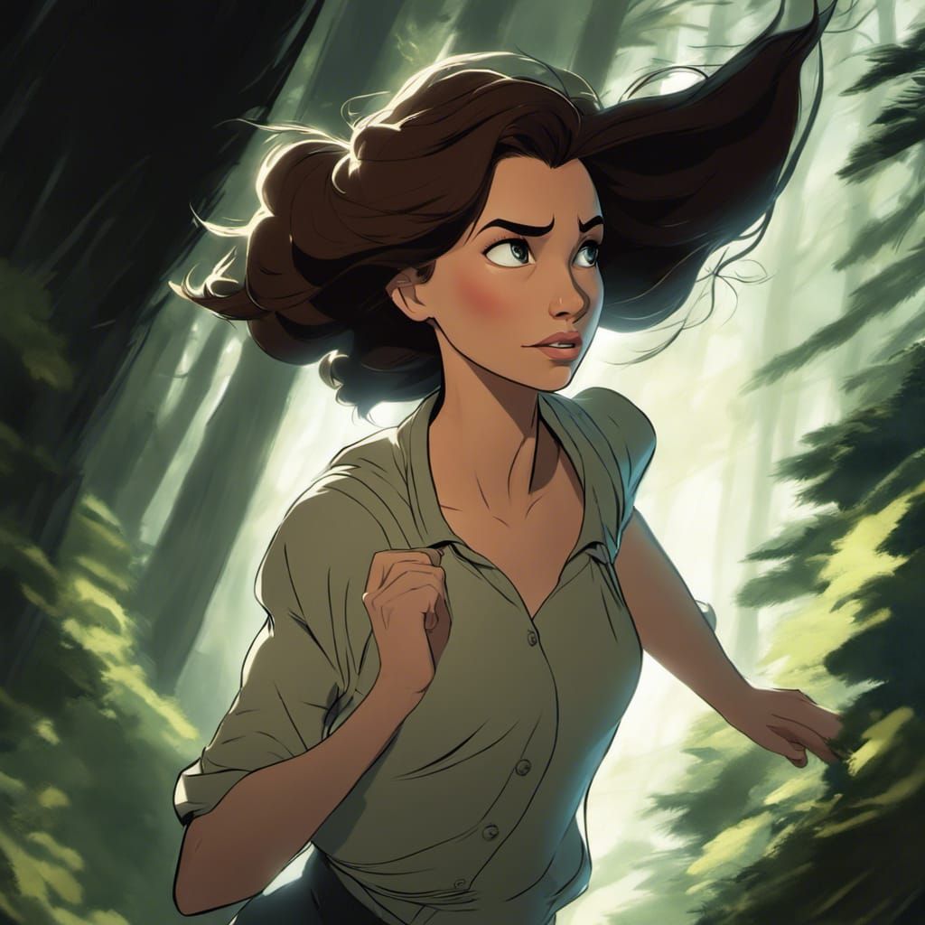 Frightened Woman Running Through Wicked Forest, Animated Sty...