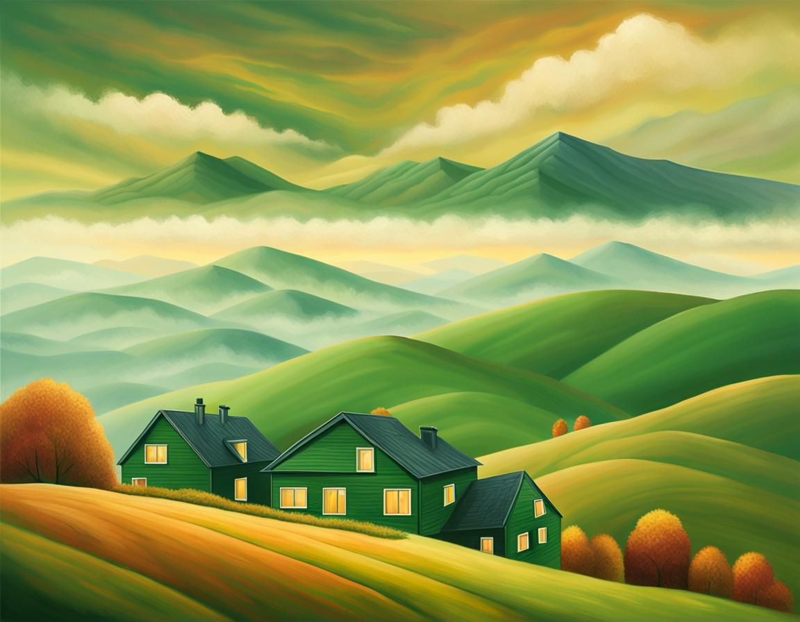 Surreal Autumn Landscape with Misty Mountains