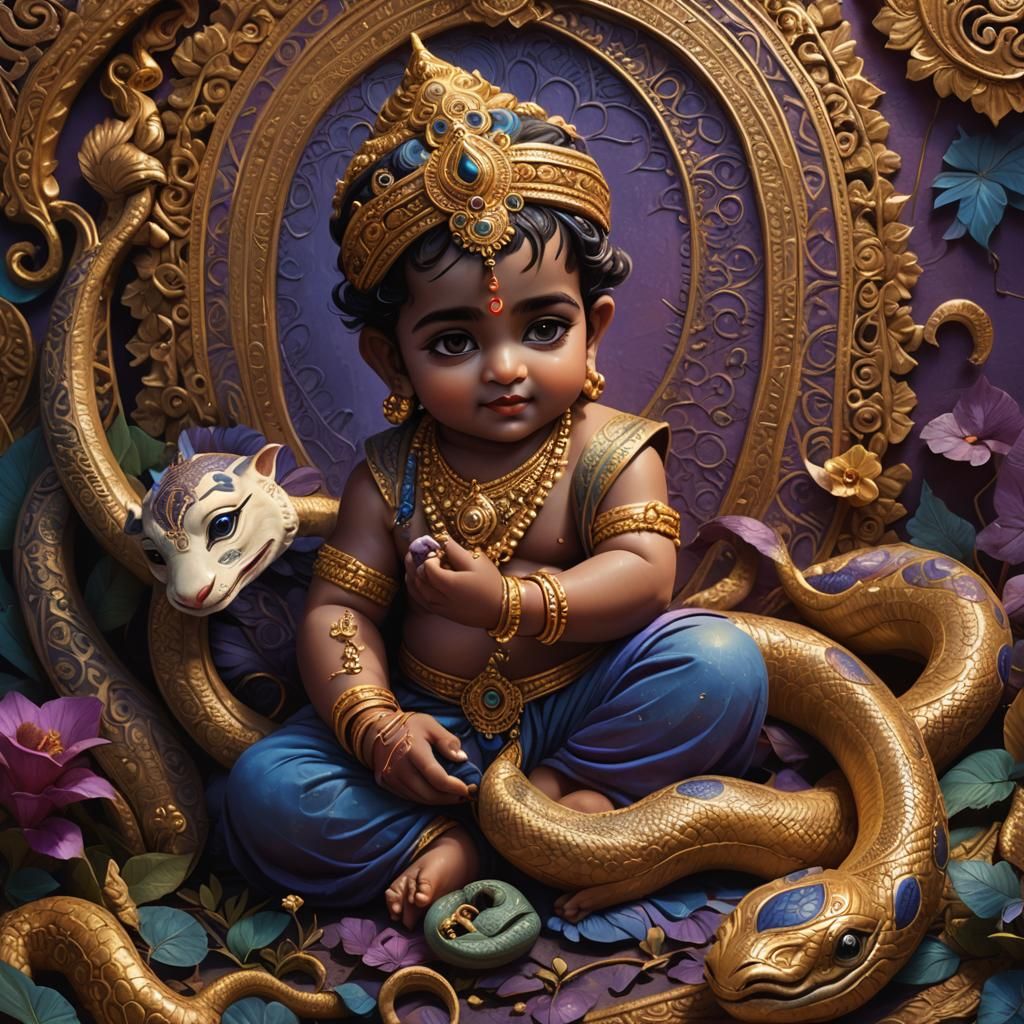 Baby Krishna Playing with Snake, Ornate Indian Style