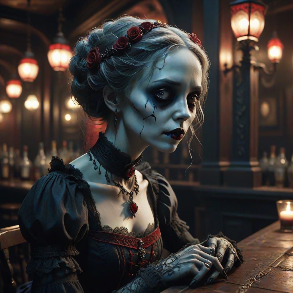 Pale, Undead Woman Sits at a Victorian-Era Vampire Bar in Go...