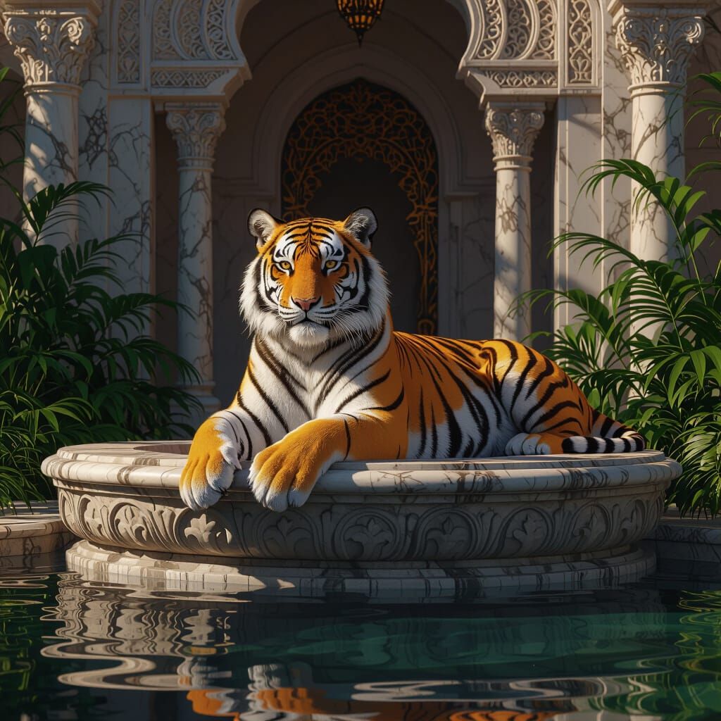 Majestic Tiger Resting by Marble Fountain