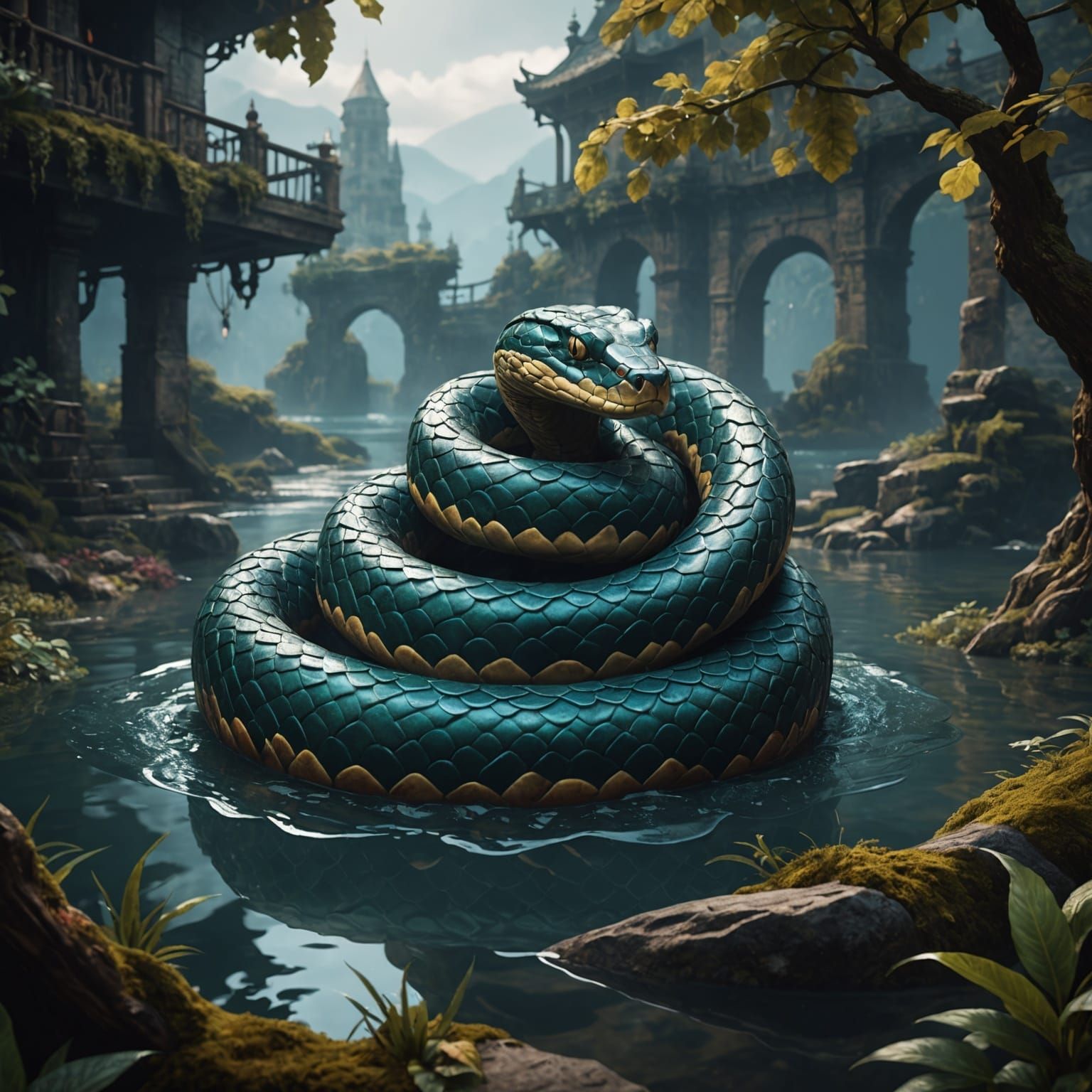 Detailed Matte Painting of a Water Snake