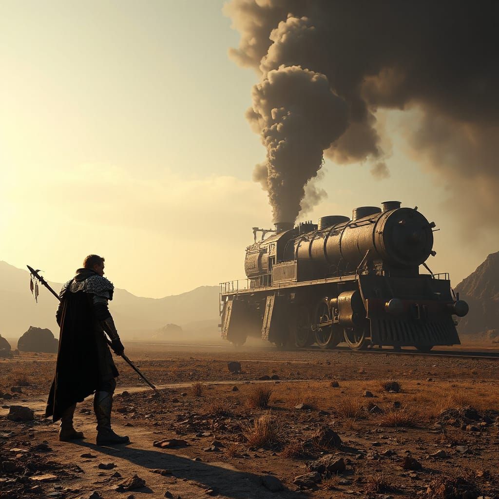 Warrior Faces Colossal Biomechanical Train in Dark Fantasy