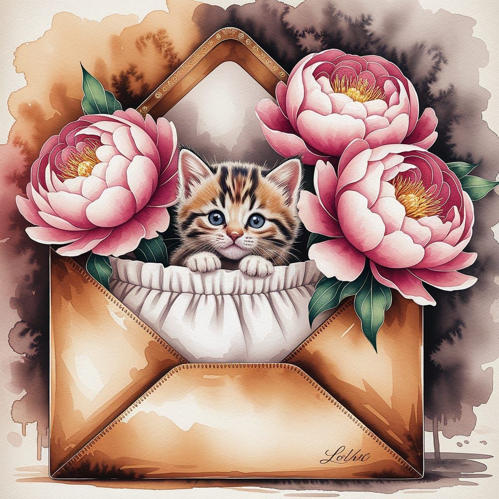 Antique Envelope With Kitten, Peonies Watercolor Painting