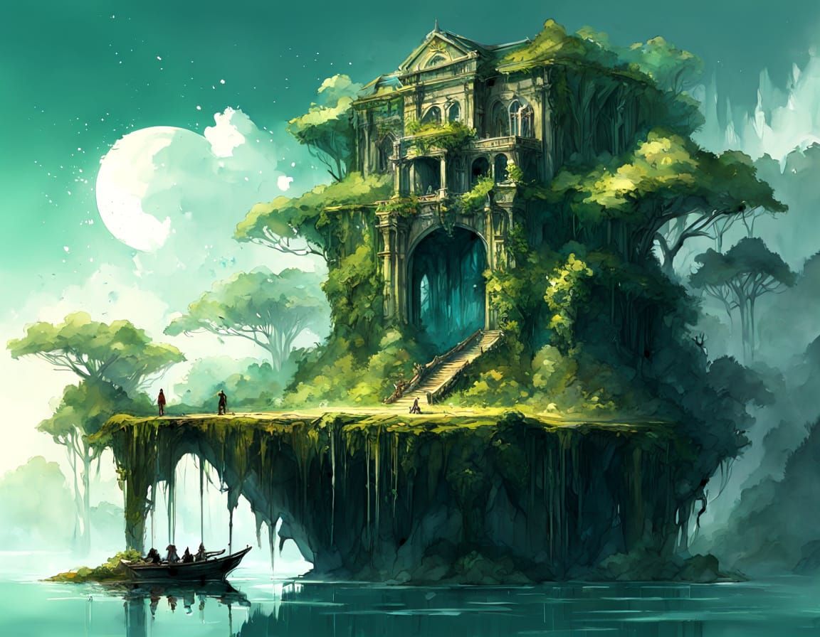 Floating Island Jungle Ruins with Ethereal Watercolour Artis...