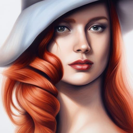 Photorealistic Portrait of a Red-Haired Woman in Hat