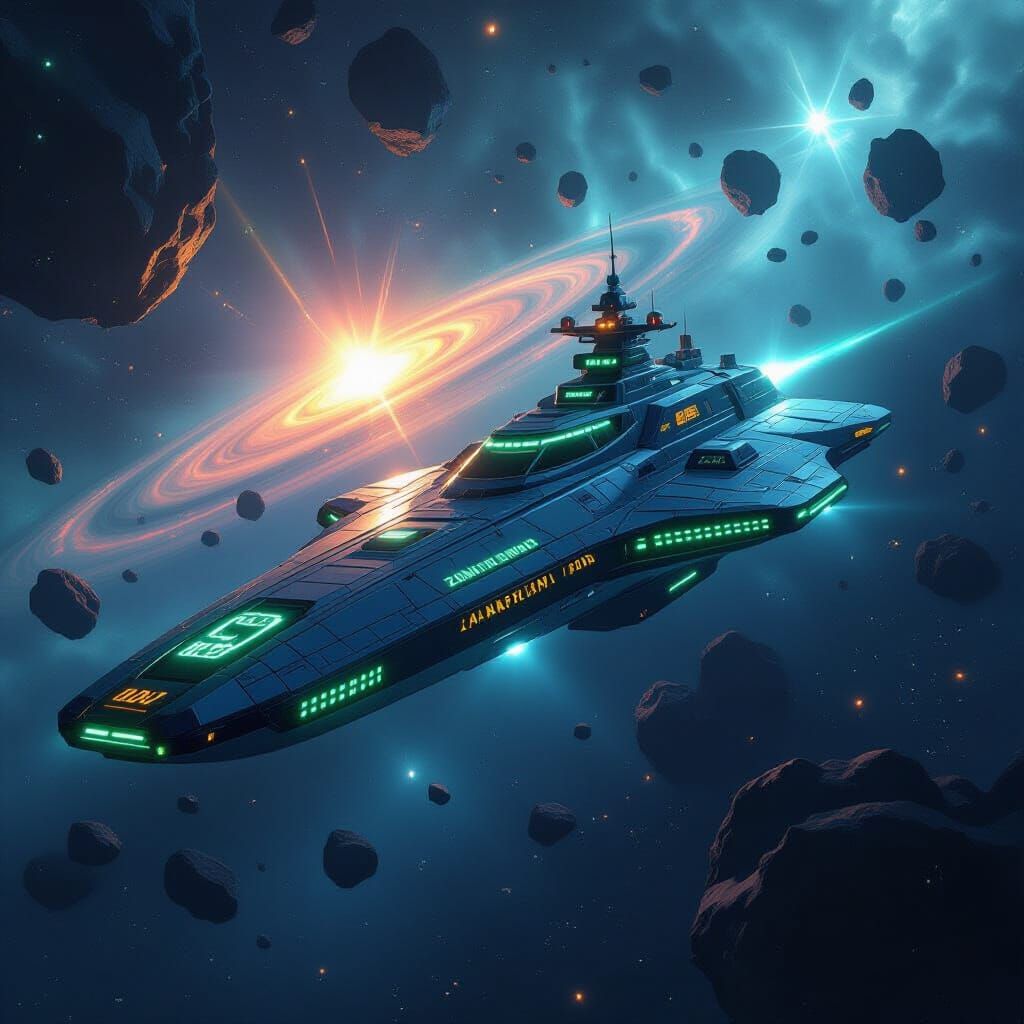 Sleek Zanarian Cruiser in Asteroid Field Near Binary Stars