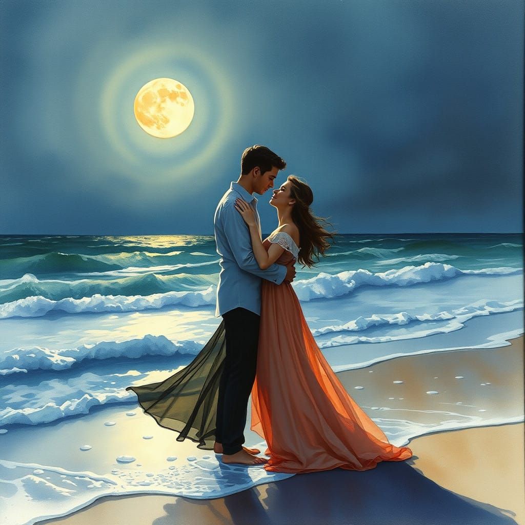 Moonlit Couple Embracing on Beach in Watercolor Style