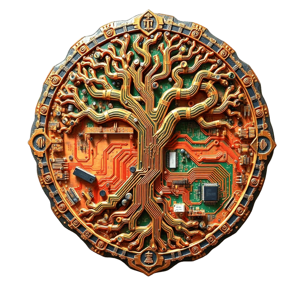 Vibrant Retro-Futuristic Stele Sculpture with Computer Circu...