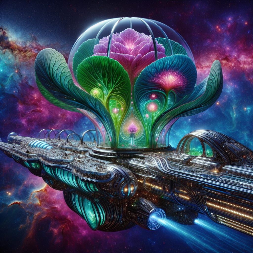 Colossal Spaceship with Botanical Haven in Deep Space