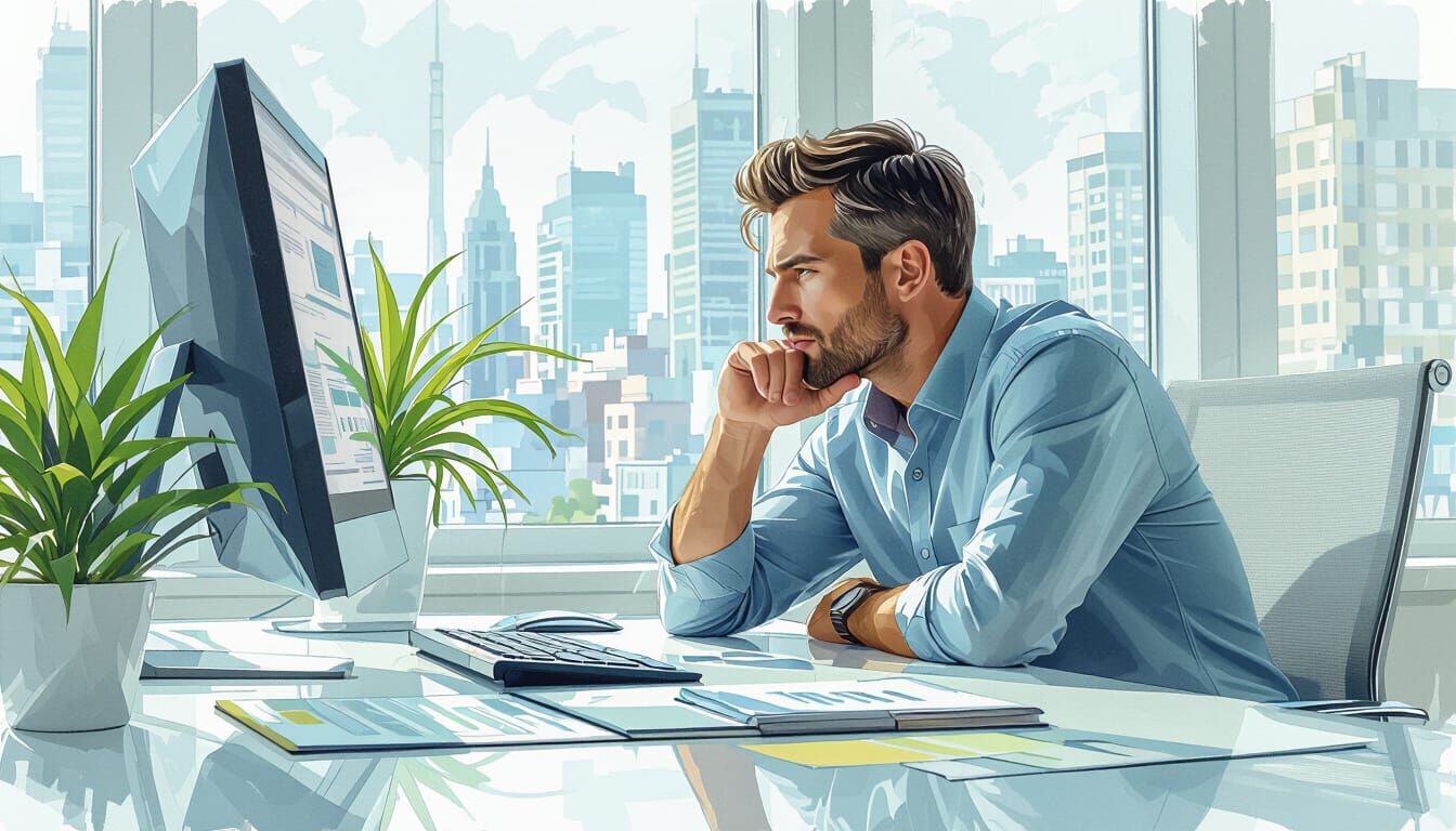 Focused Businessman Deep in Thought at Modern Office Desk