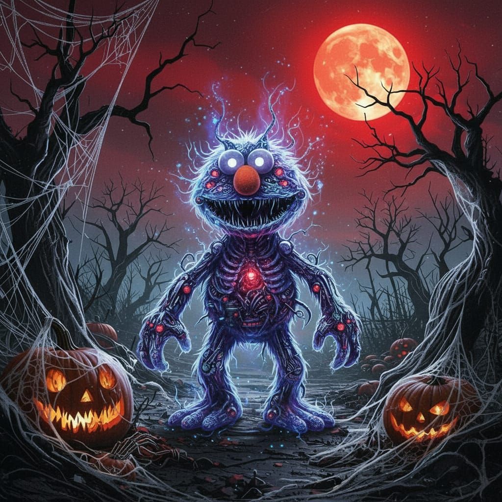 Spectral Elmo Haunts Halloween Horror Scene