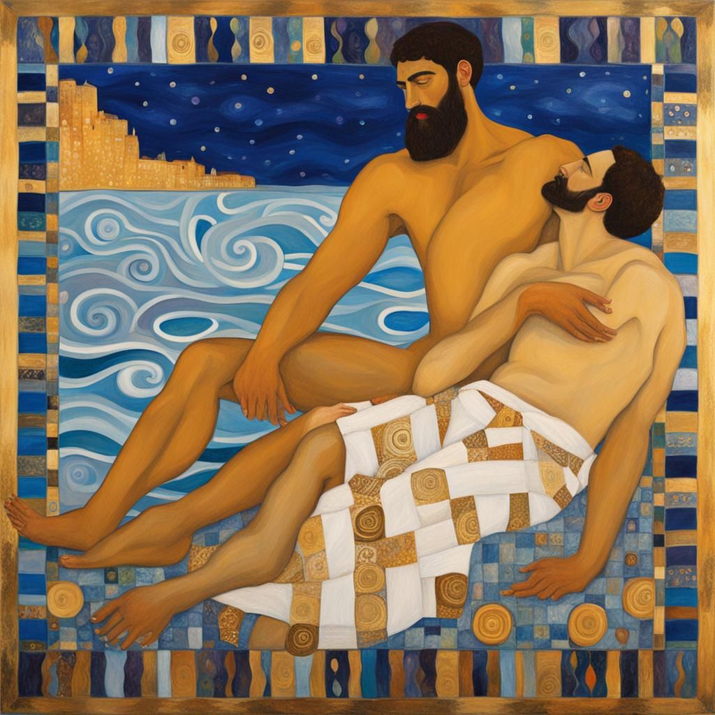 Hellenic gay lovers in the style of Gustav Klimt