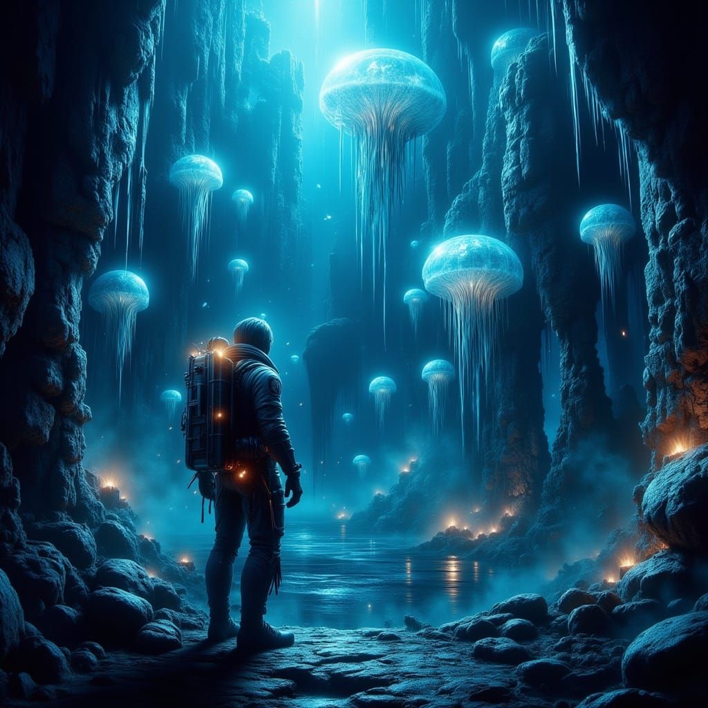 Deep-Sea Diver Explores Alien Ruins in Bioluminescent Ocean