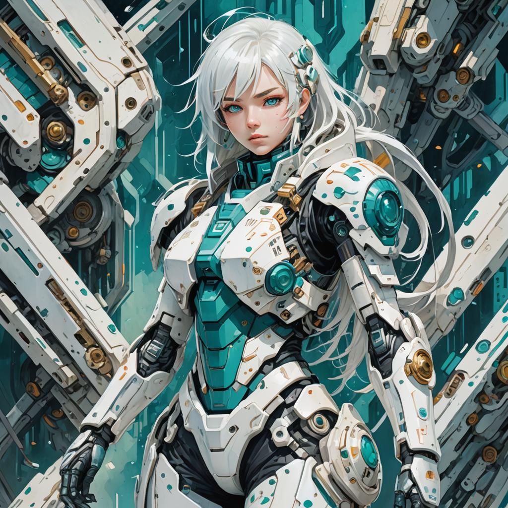 Anime Girl in Futuristic Combat Suit as Gouache Painting