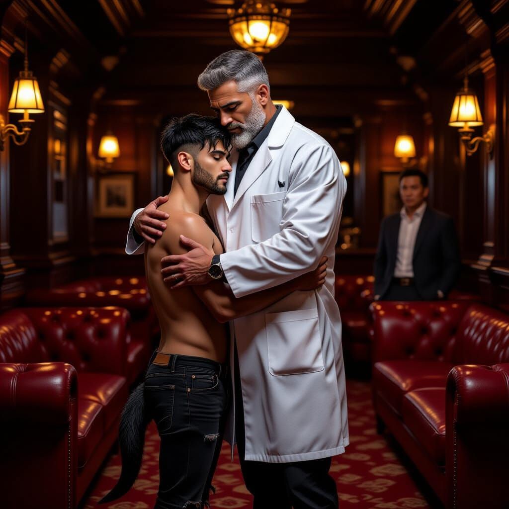 Embrace in Dim Lounge: A Hyperrealistic Digital Art Piece