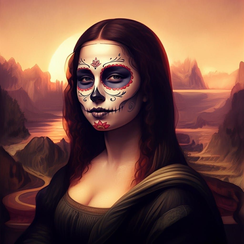 Mona Lisa Day of the Dead Watercolor Portrait