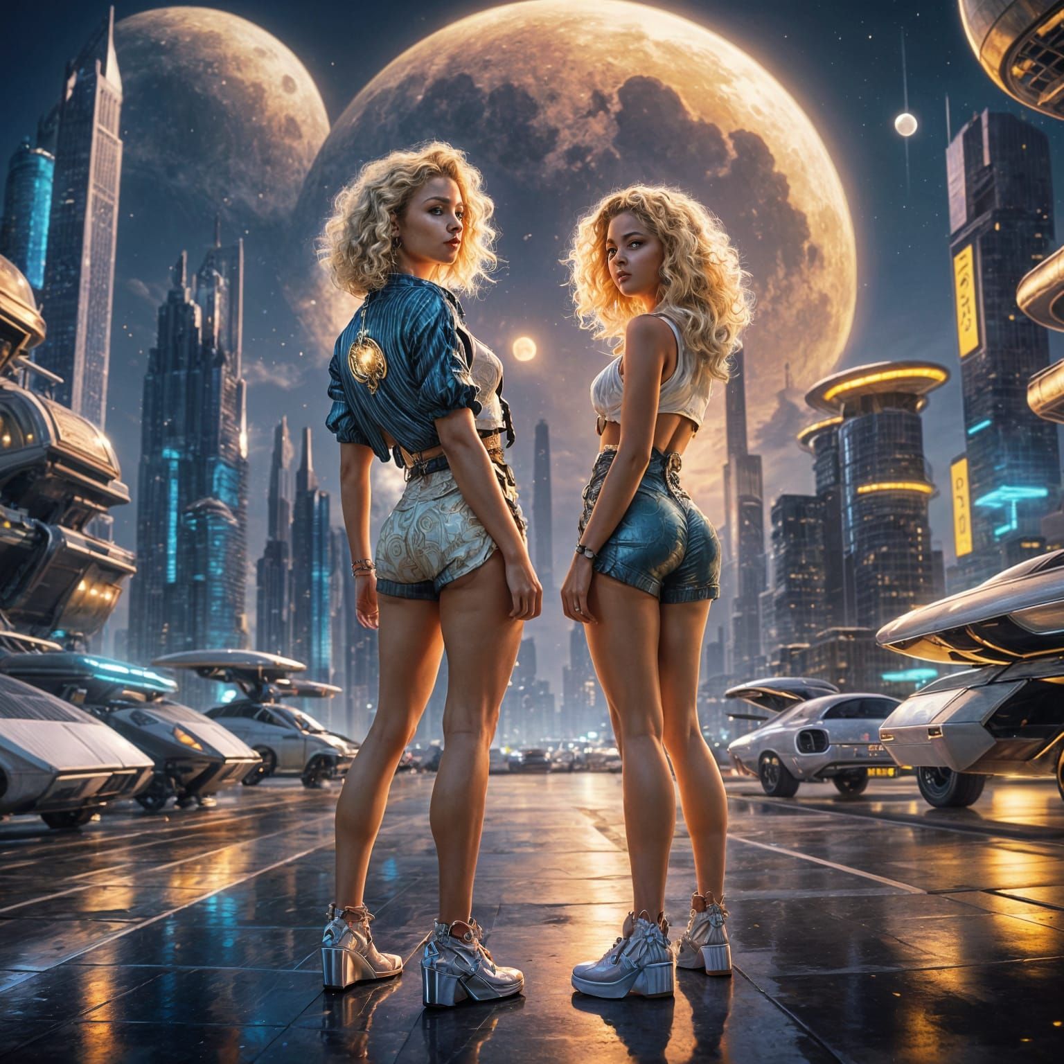 Curvy Woman in Futuristic City Under Full Moon