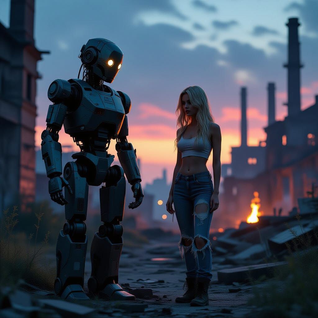 Robot and Woman in Ruined Factory at Twilight