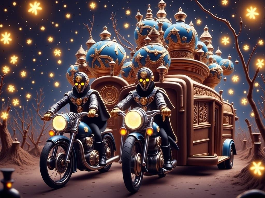 Regal Riders on Chrome Motorcycles Pursue the North Star