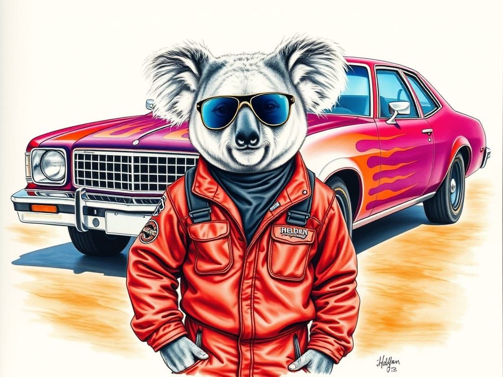 Humanoid Koala and Custom Holden Kingswood Art