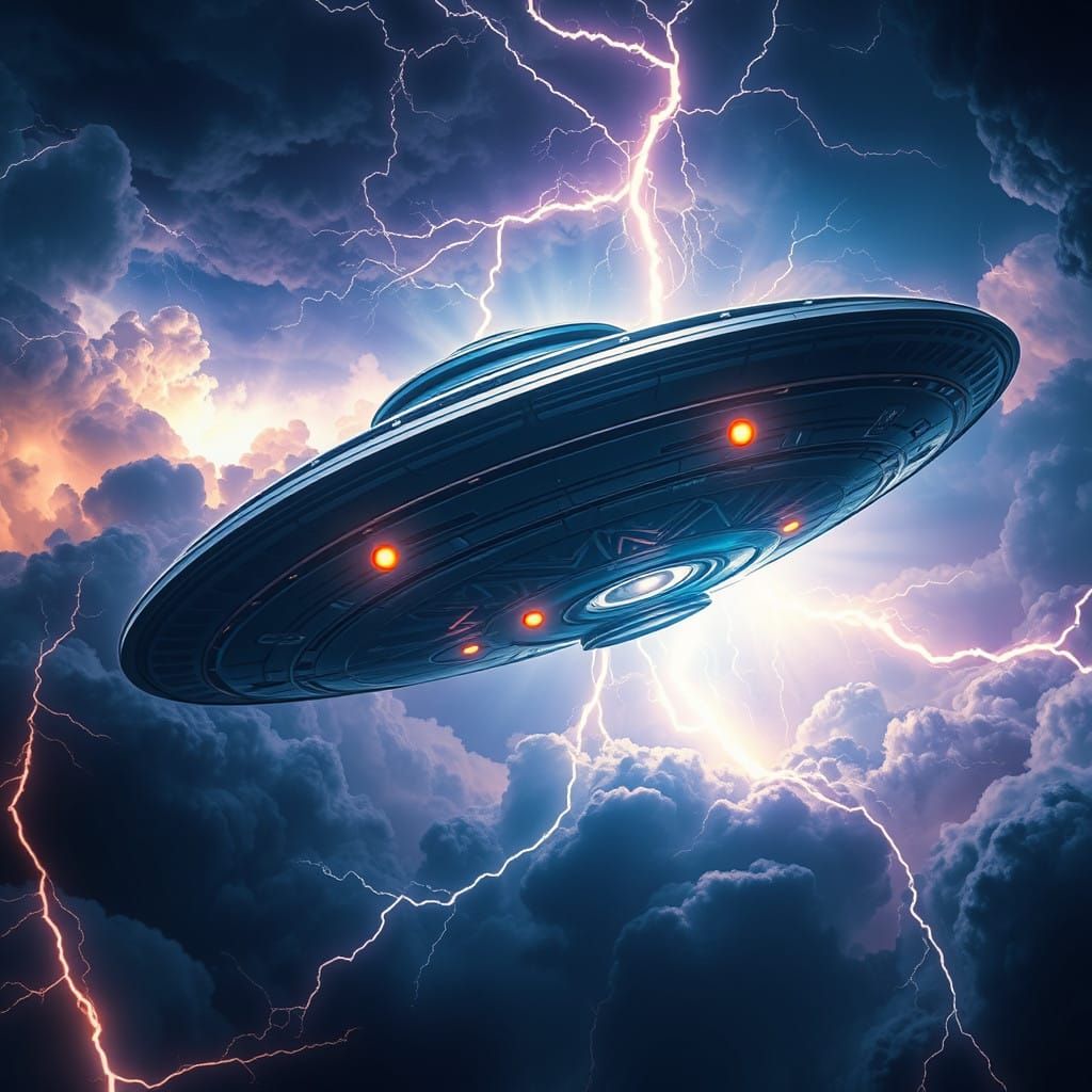 Majestic UFO Pierces Severe Lightning Storm in Cyberpunk Aes...