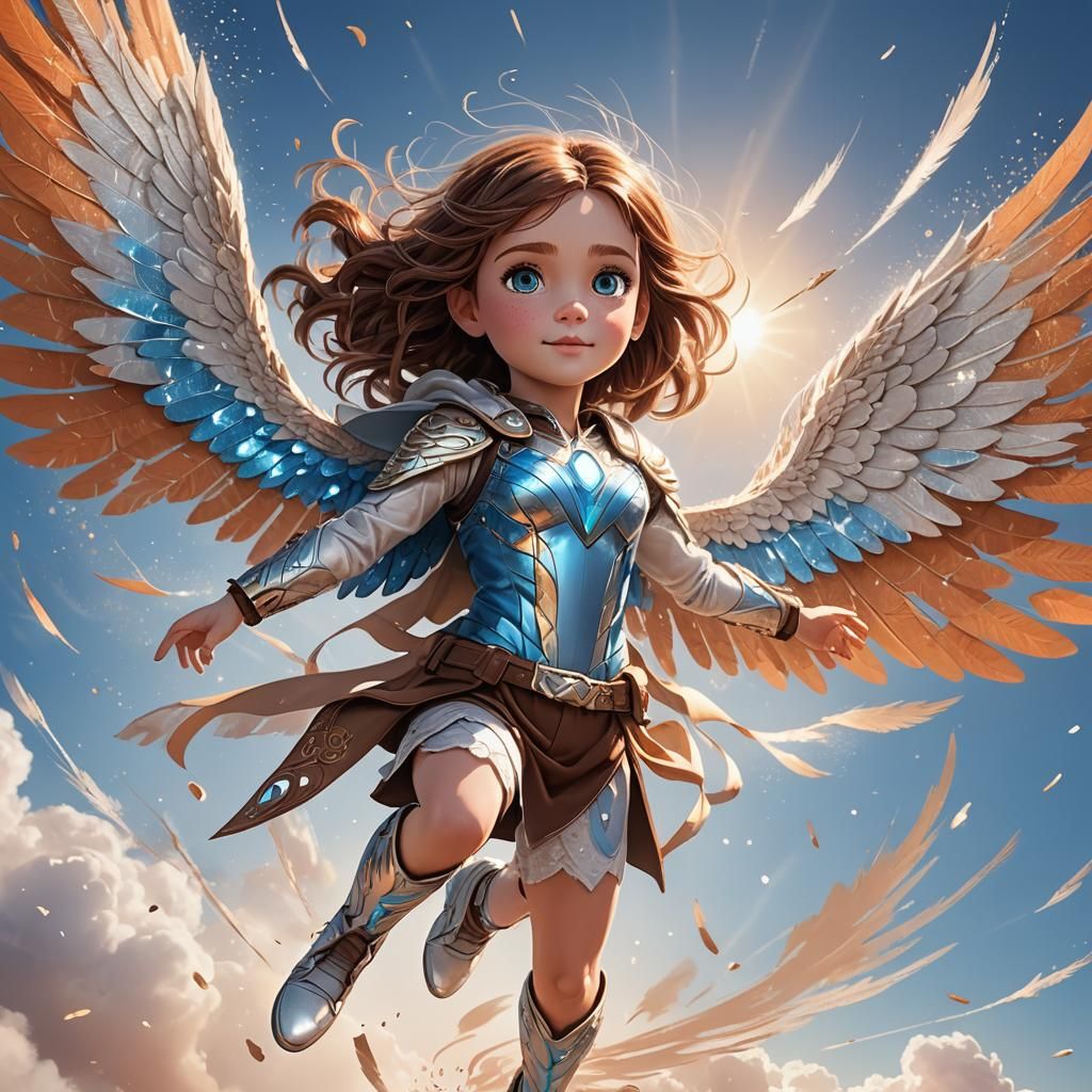 Cartoon Girl Hero Flying with Metallic Wings