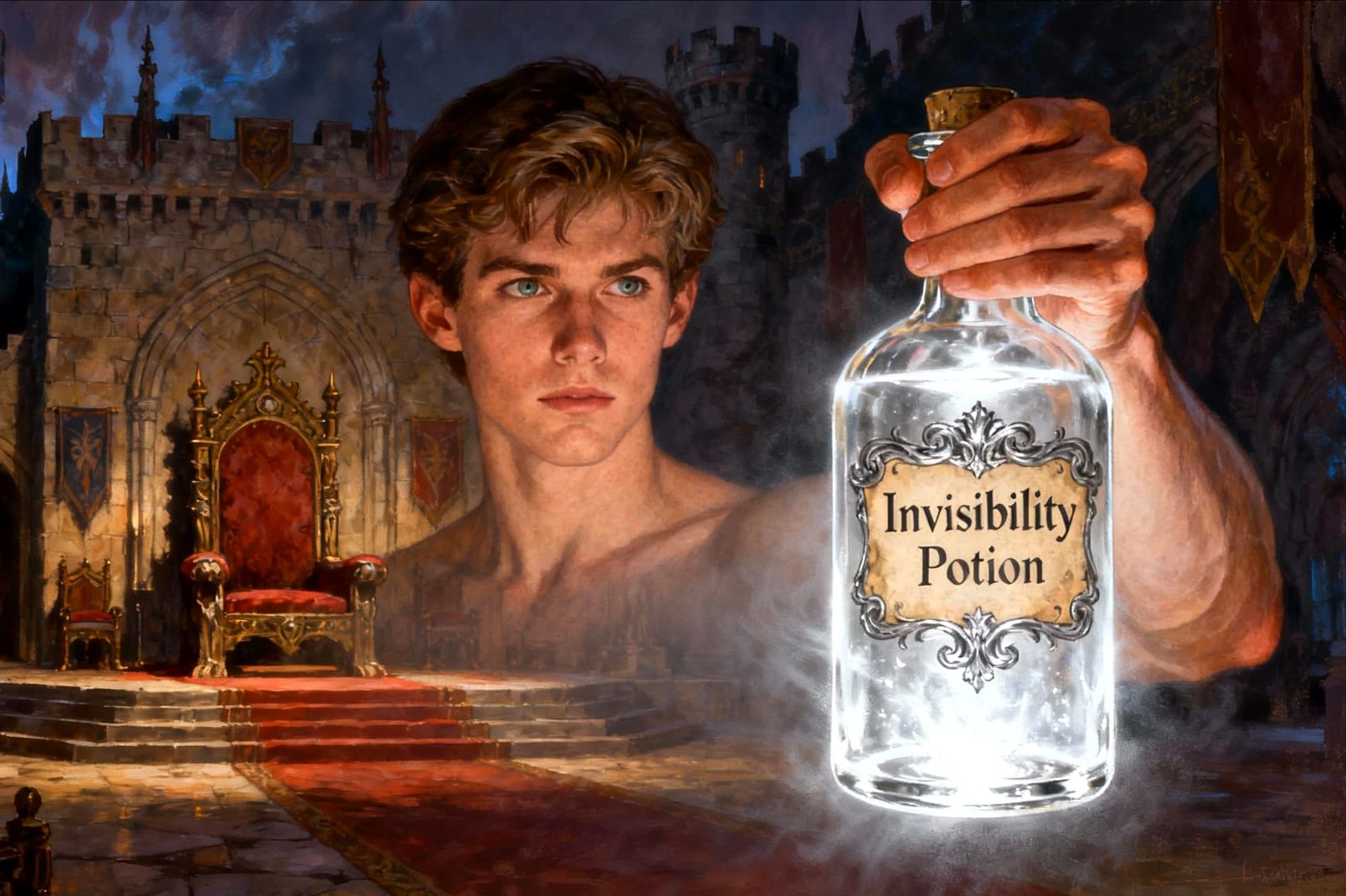 Man Fading to Invisibility in Castle Throne Room