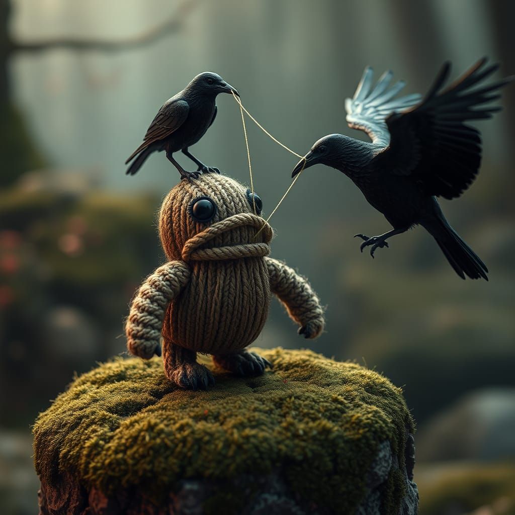 A small monster made of knitted jute being unraveled by a ra...