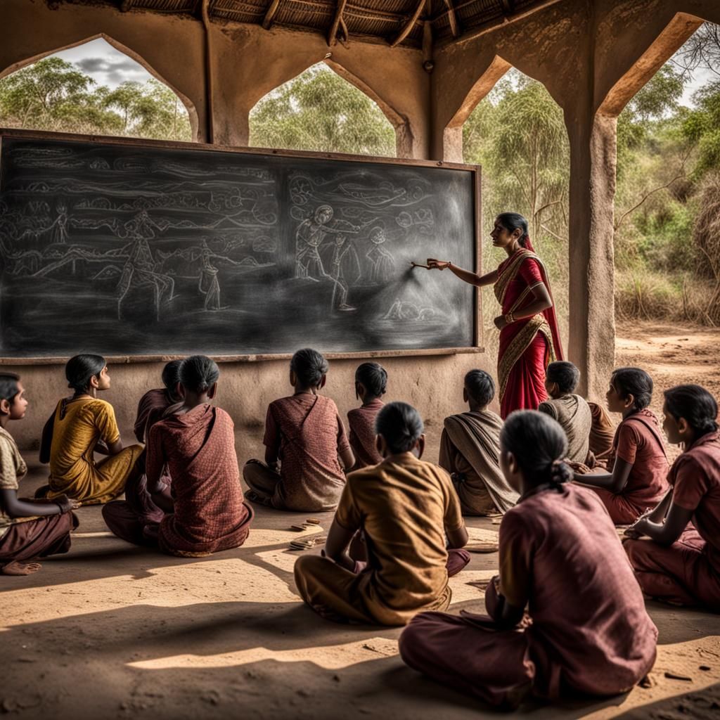 Indian Village School Scene in Hyperrealistic Style