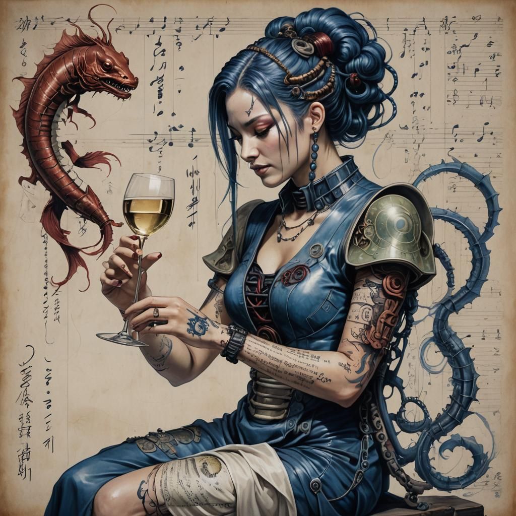 Smiling Cyborg Woman with Wine, HR Giger Style