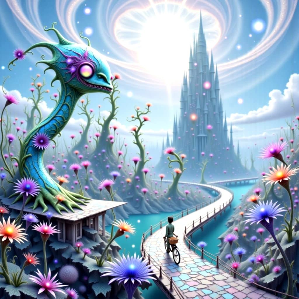 Intricate Fractal Creatures Riding Bikes in a Futuristic Mos...