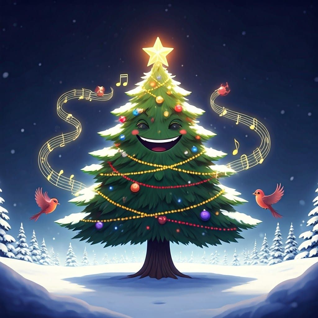 Vibrant Anime Christmas Tree with Singing Birds