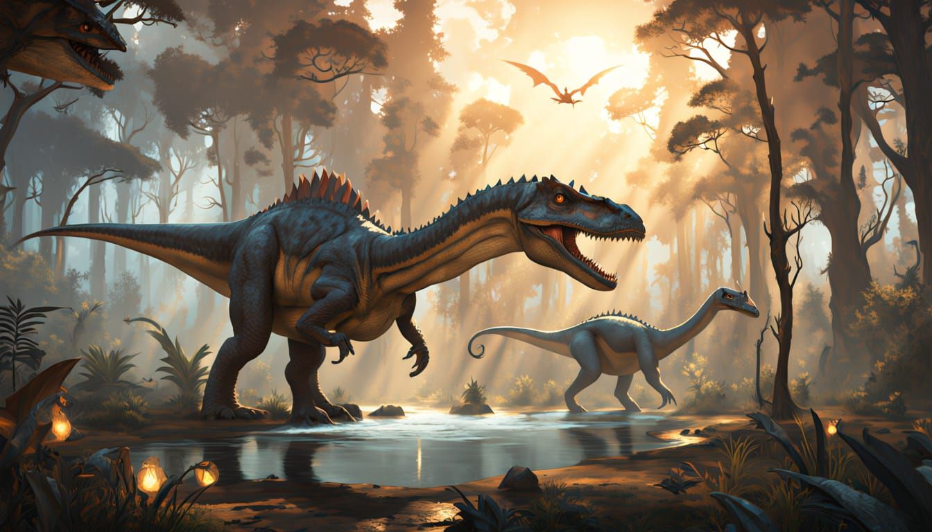 Jurassic Dinosaurs Gather at Watering Hole in Dark Fantasy A...