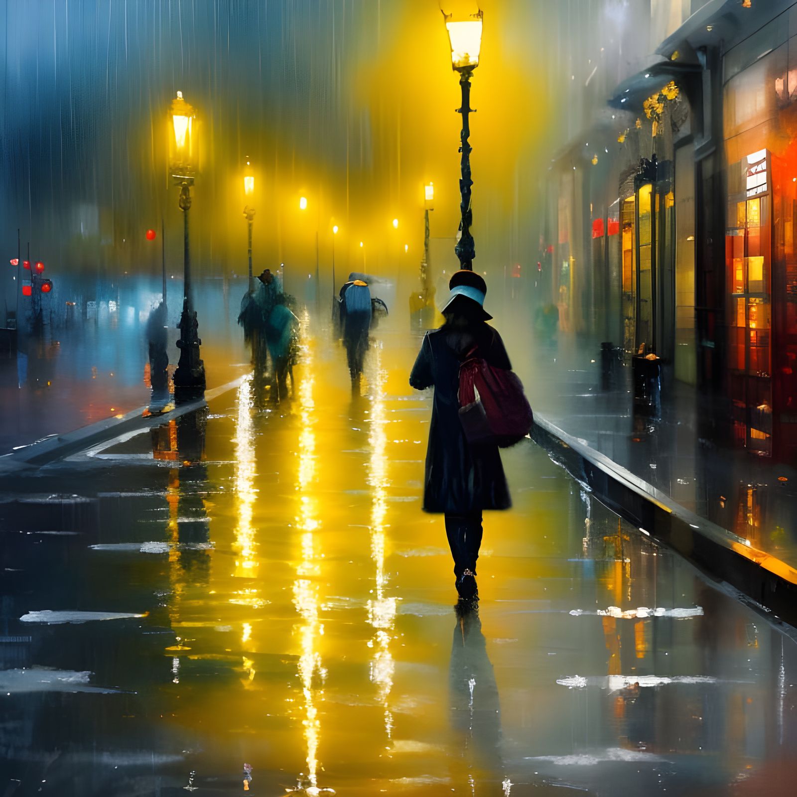 Rainy City Girl with Umbrella in Gouache Style