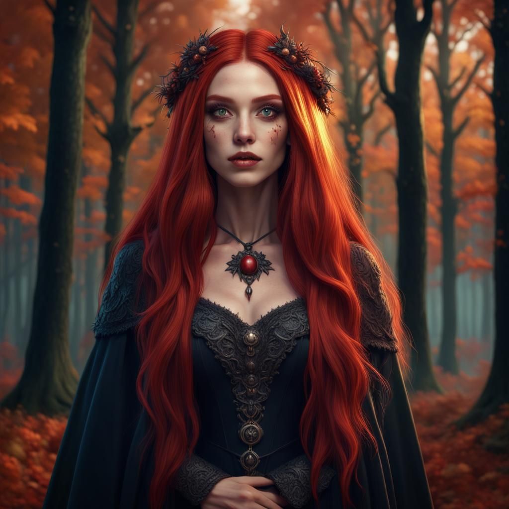 Red-Haired Witch in Autumn Woods: Fantasy Concept Art