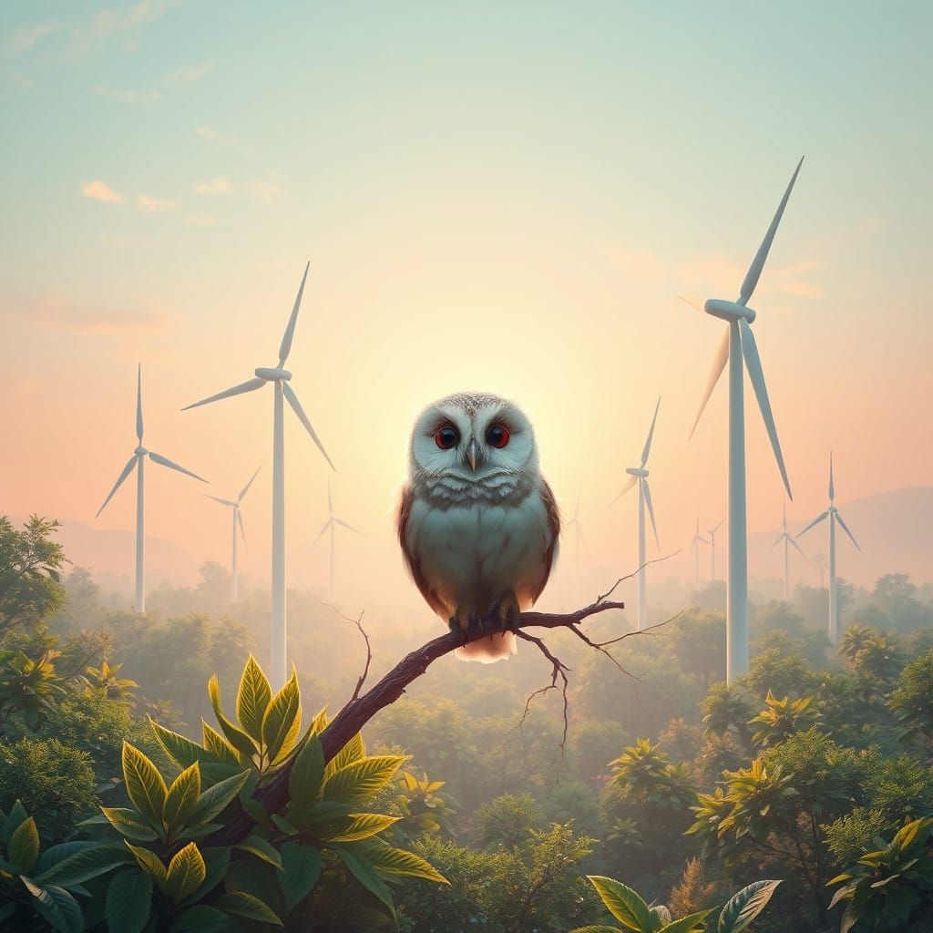 Solarpunk Baby Owl Perches in Vibrant Ethereal Forest