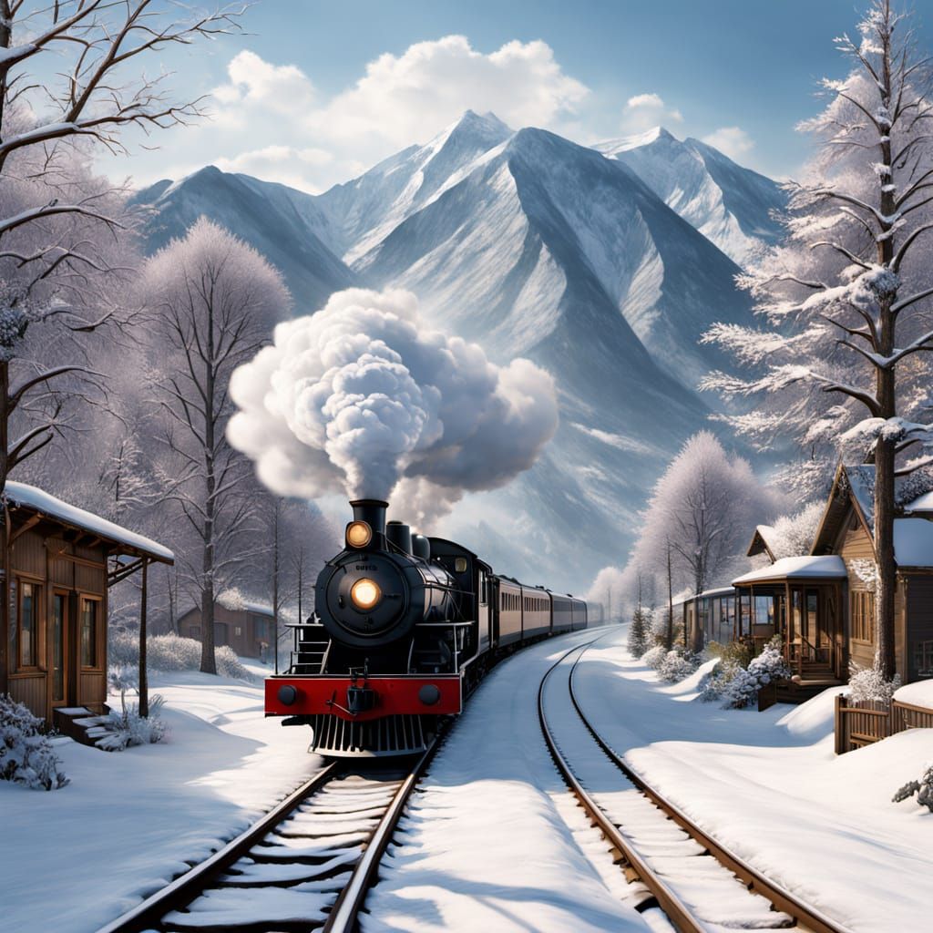 Vintage Steam Train in Snowy Mountain Landscape Painting