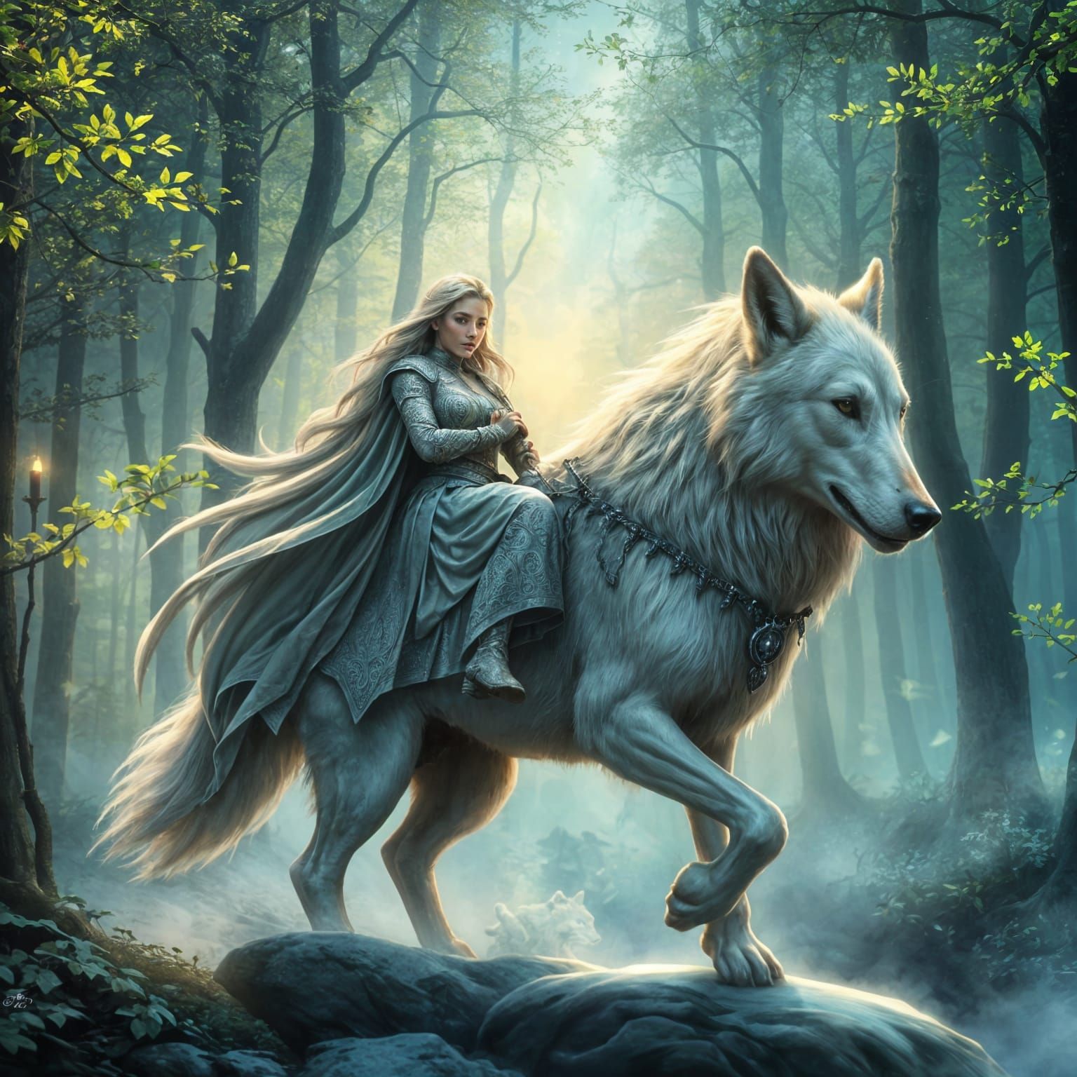 Ethereal Elven Princess Rides Majestic Wolf in Dreamlike For...