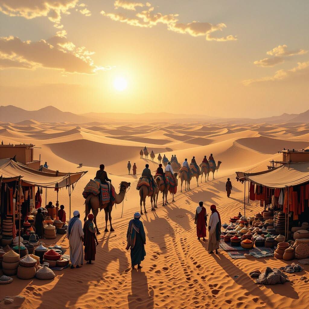 Bustling Trans-Saharan Trade Route with Camel Caravans