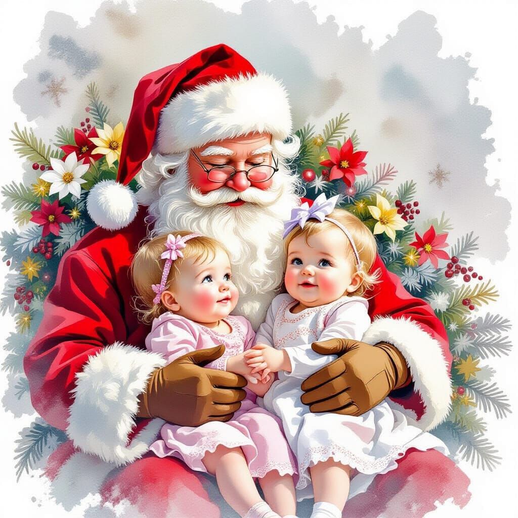 Ethereal Christmas Scene: Siblings on Santa's Lap