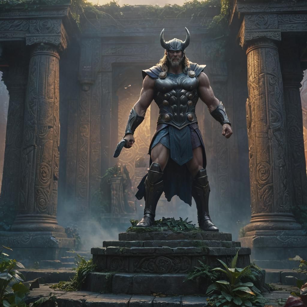 Thor Statue Before Mystical Temple, Matte Painting